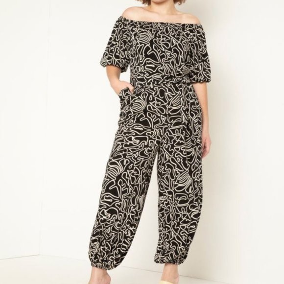 Eloquii Printed Wide Leg Off Shoulder Jumpsuit 16 - Picture 1 of 6